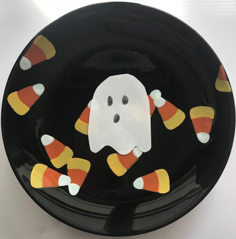 paper ghost in water on back and painted candy corn plate