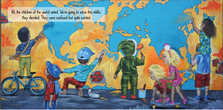 mural of kids and the world